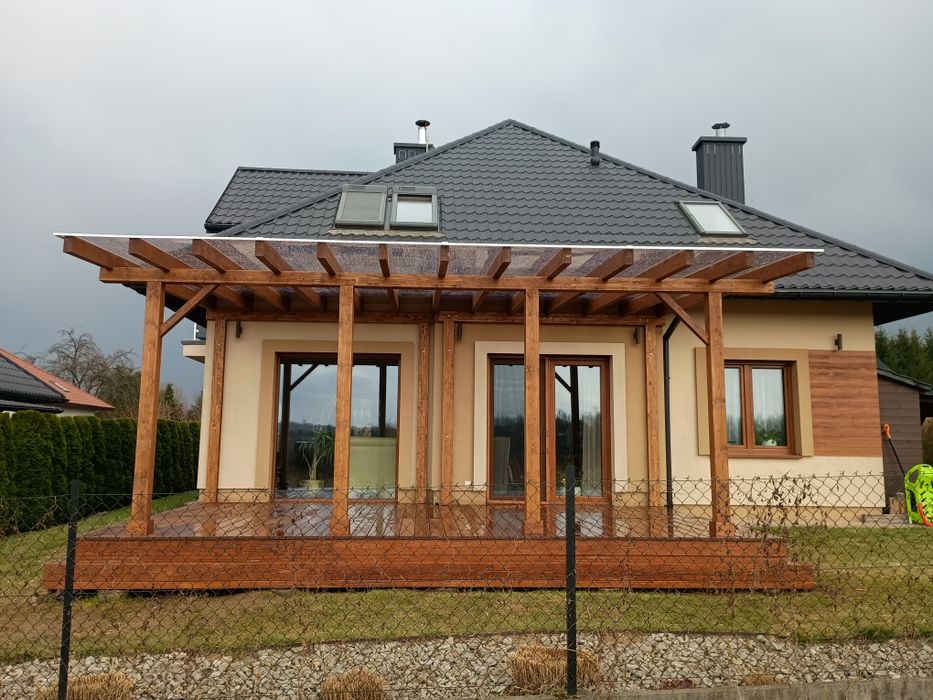 Taras drewniany, zadaszenie tarasu, altana, pergola