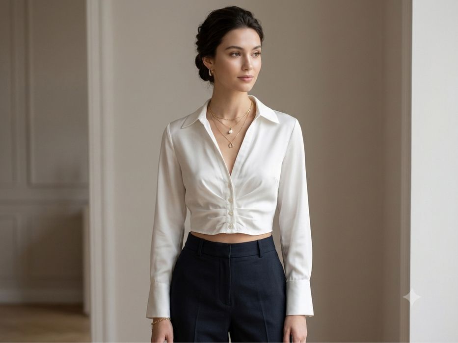 Zara атласна сатинова блузка сорочка вкорочена біла драпірування скандинавський стиль мінімалізм