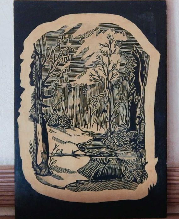 Картина на дереве липа масло"Зимний пейзаж"Авторская 1975-1980 г.