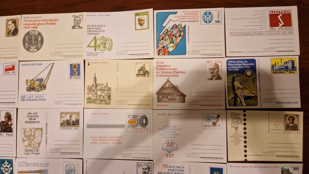 30 szt. czyste kartki pocztowe PRL (lata 80.) – całostki, zestaw