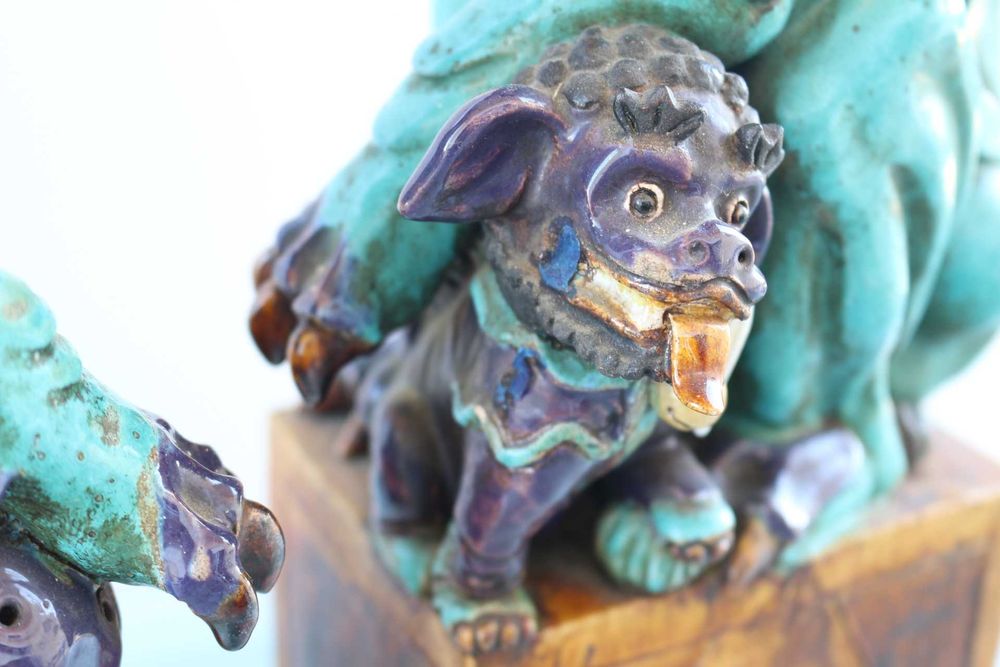 Raros Cães Foo em Cerâmica Vidrada Chinesa Marcados 45 cm