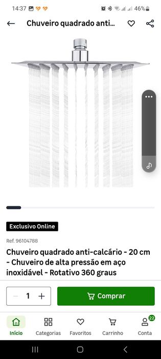 Chuveiro quadrado 20x20cm