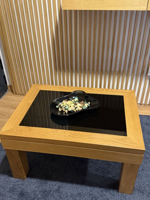 Mesa de Centro de Sala de Estar em Madeira Maciça com Vidro Preto Novo