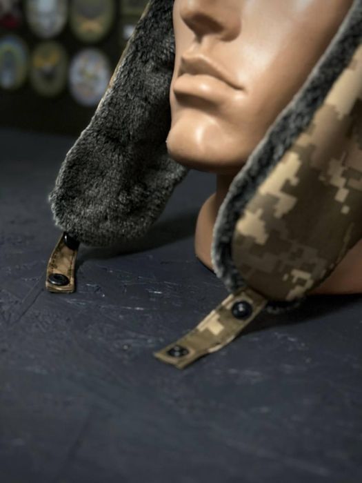 Військова тепла зимова Шапка вушанка на флісі Мультикам Піксель Олива