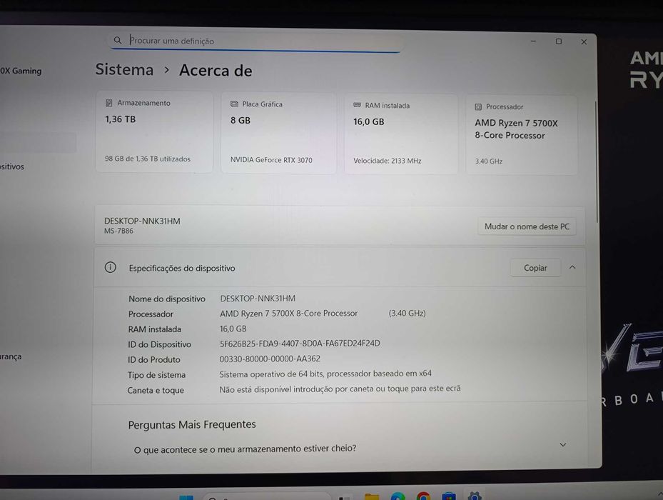 PC Gaming Ryzen 7 5700x, Rtx 3070, 16gb RAM, SSD+Hdd