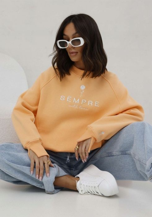 SEMPRE - bluza Rosie morelowa - NOWA kieszenie,  róża, oversize