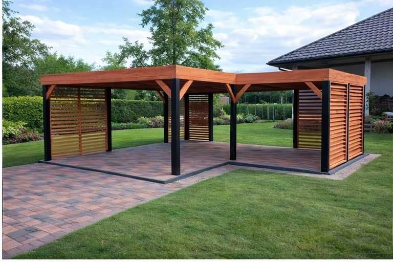 Nowoczesna altana narożna w kształcie "L-ki"