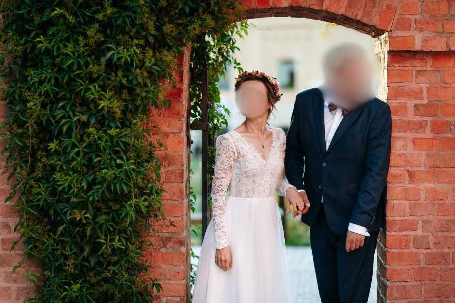 Suknia ślubna długi rękaw, koronka i tiul, rozmiar 36, 158-160 cm