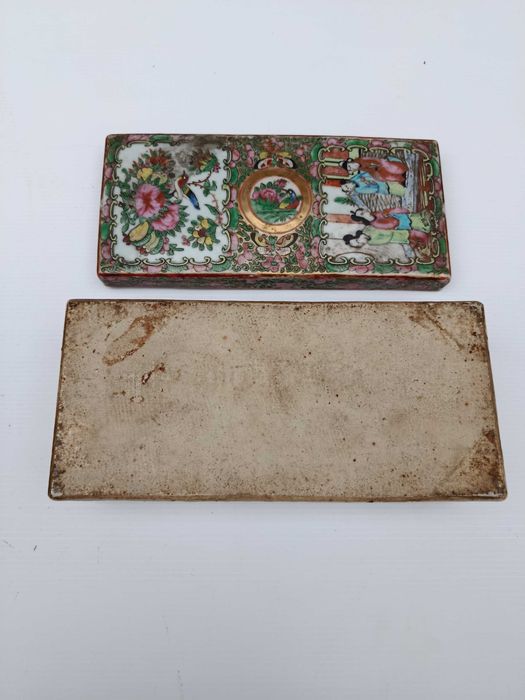 Caixa Canetas Porcelana da China Mandarim Chinesa Séc XIX 21 cm