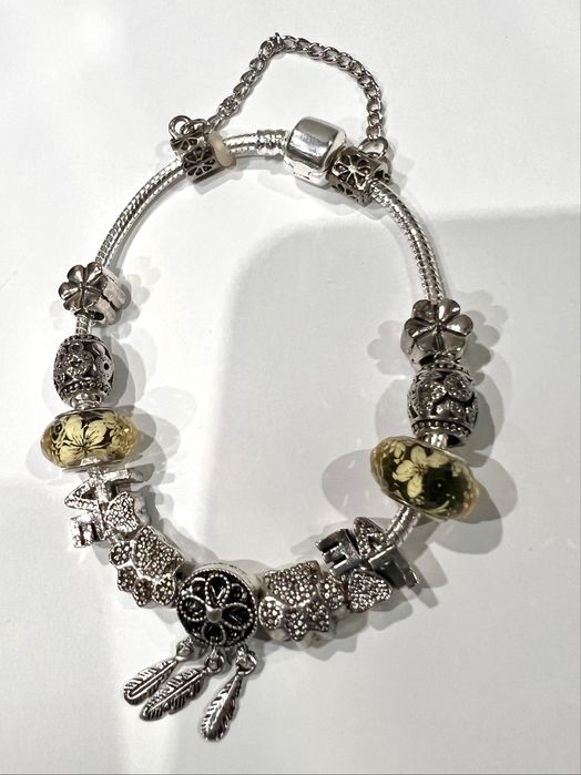 Posrebrzana bransoletka z charmsami, styl Pandora, nowa
