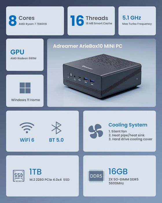 ADREAMER Ariebox10 Mini PC, AMD R7 7840HS, Radeon 680M, DDR5 8/512Gb