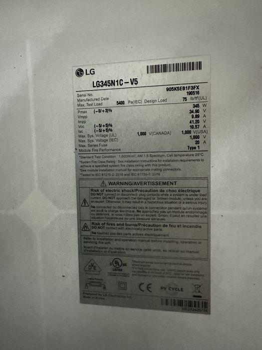 8 Painéis Solares LG NeON2 345W (2,76kWp) com Cabos