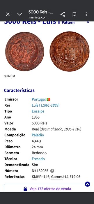 Moeda rara 5000 Reis  1866, Ensaio em Paládio