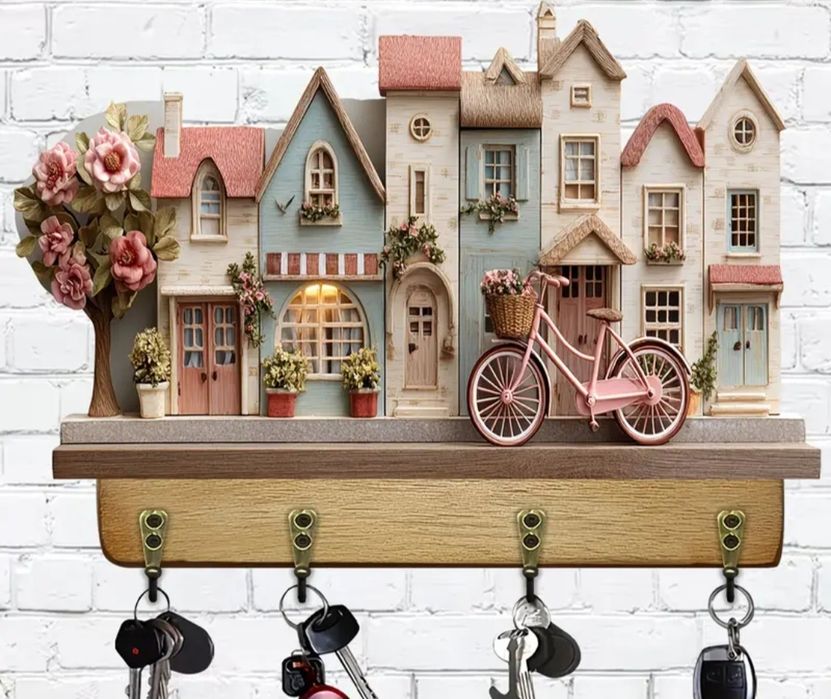 Dekoracyjny wieszak z uroczymi domkami