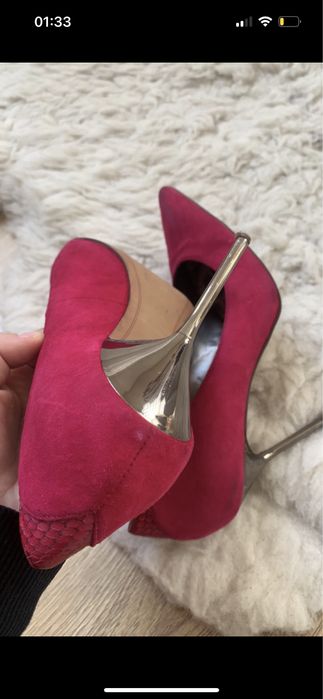 Szpilki zamszowe fuksja lustrzane 38,5/39 srebrne różowe