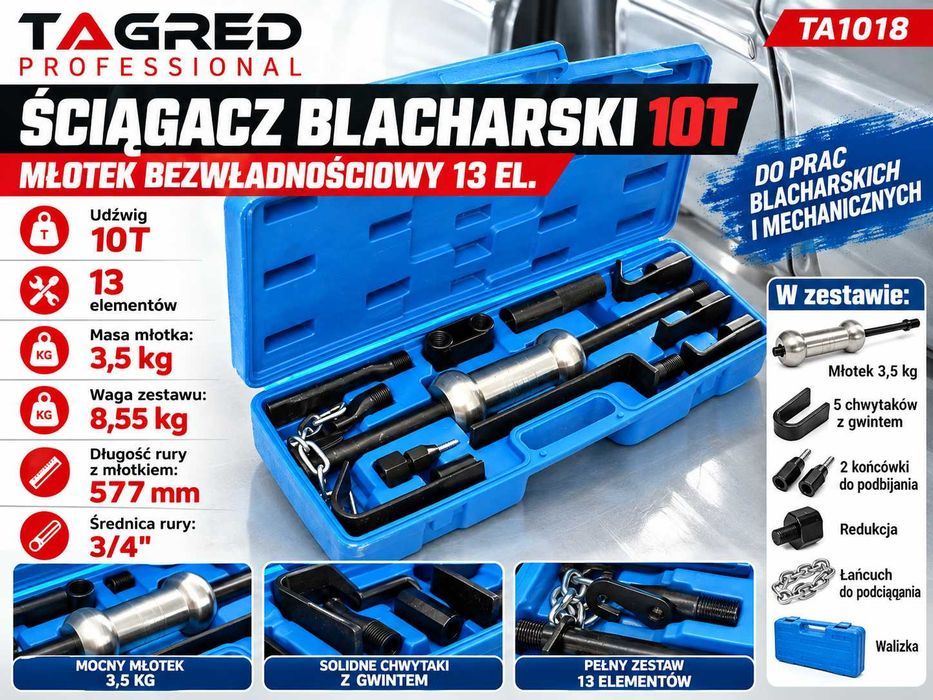 Ściągacz młotek bezwładnościowy puller blacharski 10T 13-elementow młotek bezwładnościowy blacharski ściągacz bezwładnościowy blacharski Tagred TA1018