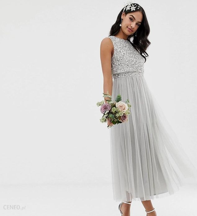 Maya r. 38 srebrna Midi cekiny ASOS tiul wesele