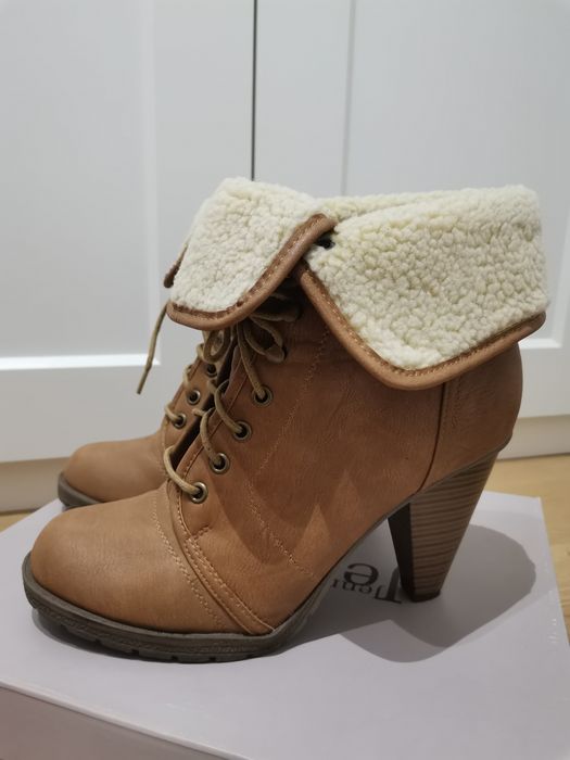 Botki damskie kozaki na słupku brązowe z kożuchem 41 na zimę na jesień