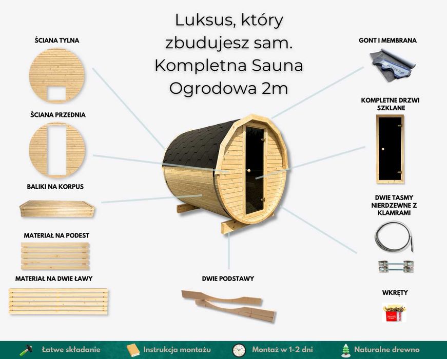 Sauna beczka ogrodowa do złożenia samodzielnego montażu drewno