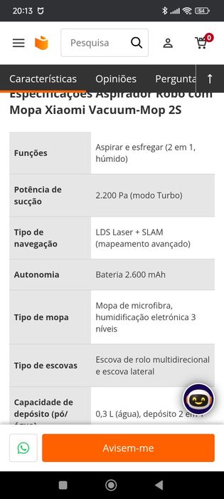 Aspirador Xiaomi Vacuum-Mop 2S
Aspirador Robô com Mopa Xiaomi Vacuum-M