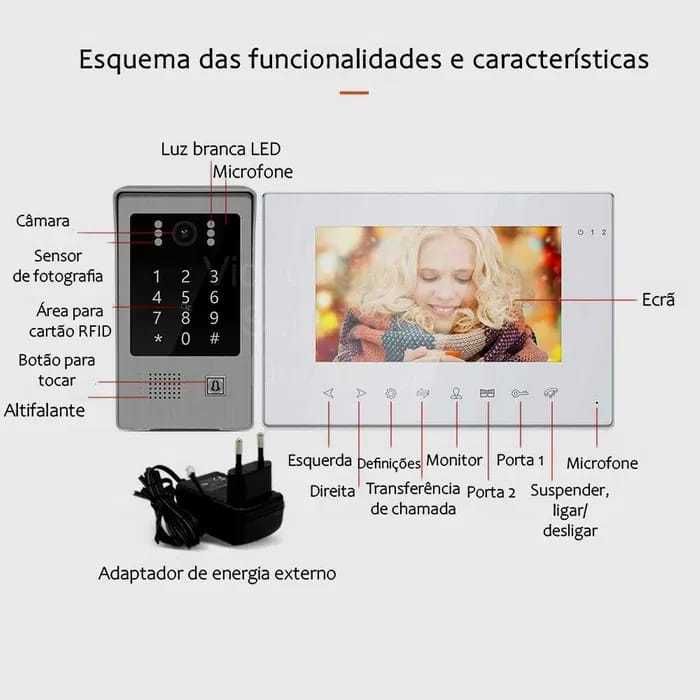 Vídeo Porteiro Tuya * S/ Fios * WiFi * Ecrã Tátil 7 Polegadas * Código