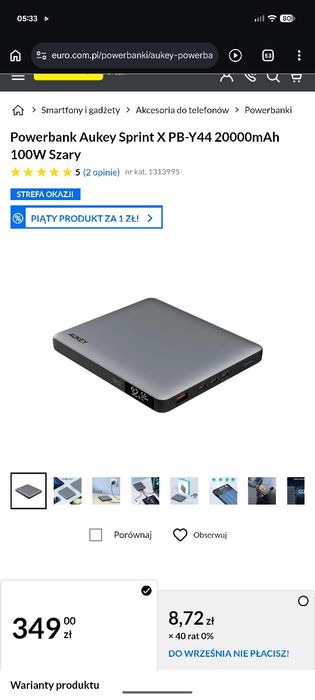 Powerbank AUKEY PB-Y44 Sprint X Slim Power Bank 20000mAh 20V 100W QC PD 3.0 4xUSB LCD