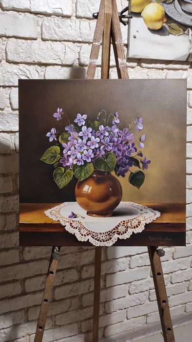 Фіалки маслом. Картина маслом. Картина з квітами. Фиалки. 40/40 см