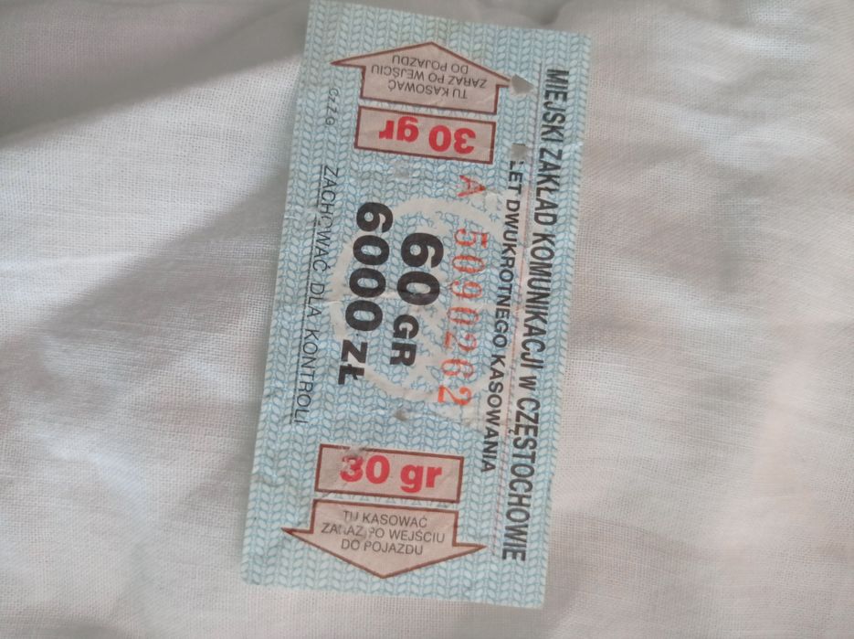 stary bilet komunikacji miejskiej z Częstochowy (MZK).