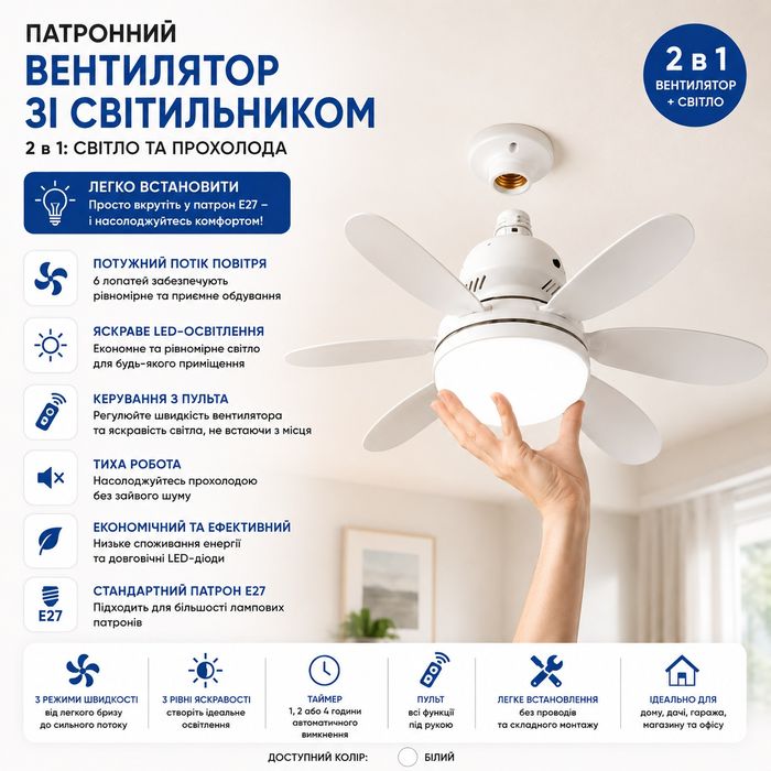 Лампа вентилятор в патрон E27 AY1056 30W потолочный светильник с вентилятором 2в1