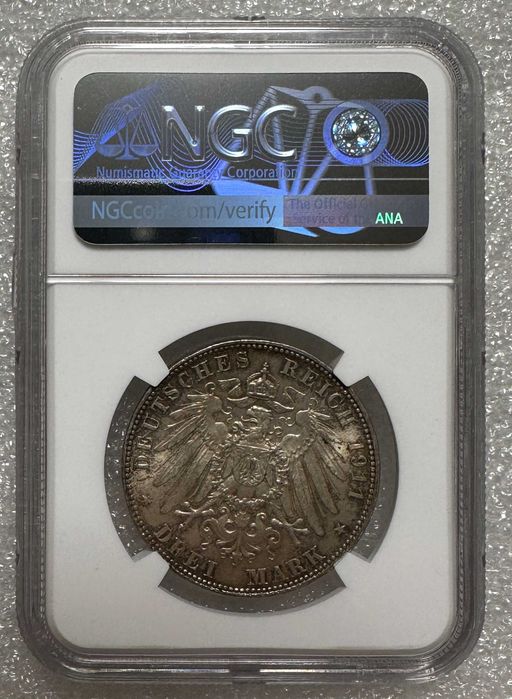Срібна монета 3 марки Німецька імперія Баварія 1911 Луітпольд NGC MS-64