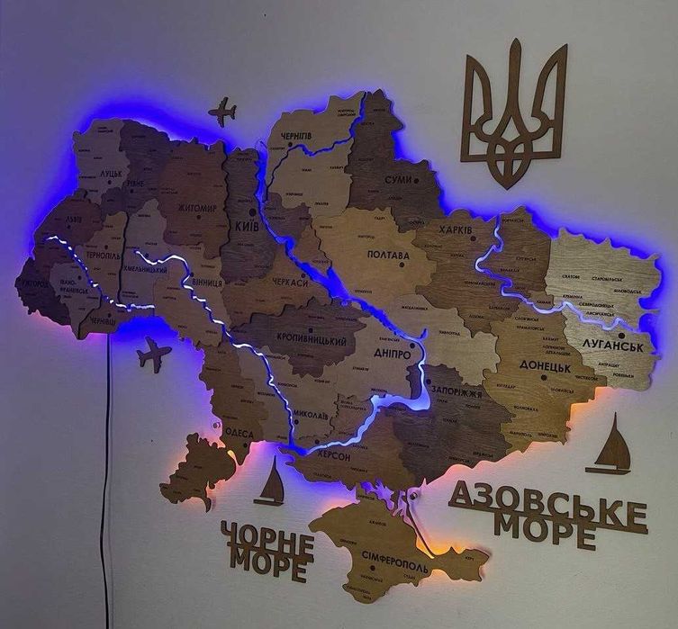 Деревяна мапа України з підсвіткою річок карта Украины с подсветкой