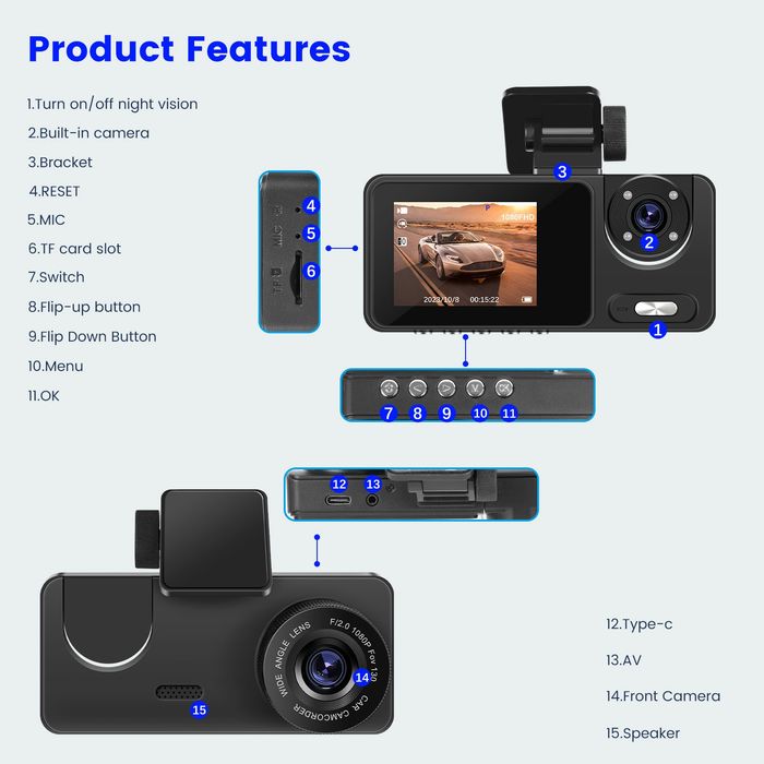 Câmara automotiva HD DashCam Lente dupla gravação WI-FI Novo