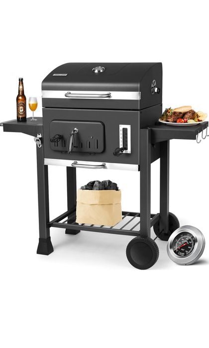 Grill na węgiel drzewny XXL z pokrywą, termometrem, półką i kółkami