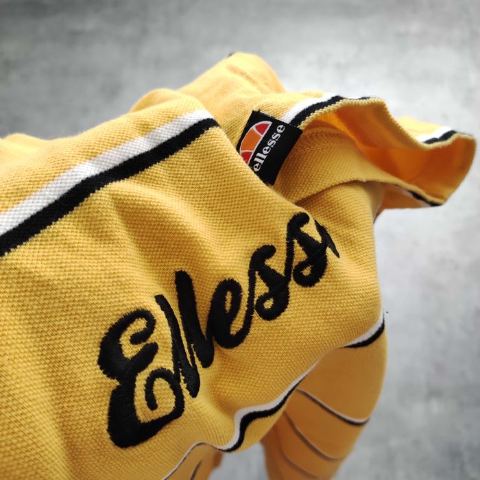 MĘSKA Koszulka Żółta Paski w Stylu RETRO Ellesse Haft Logo Casual