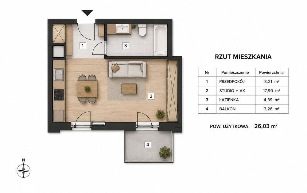 Strefa Progress | Nowoczesne studio 26 m² z balkonem | 3. piętro