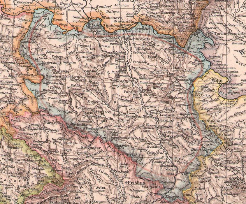 Bałkany. Stara efektowna mapa Lipsk 1893 r. oryginał