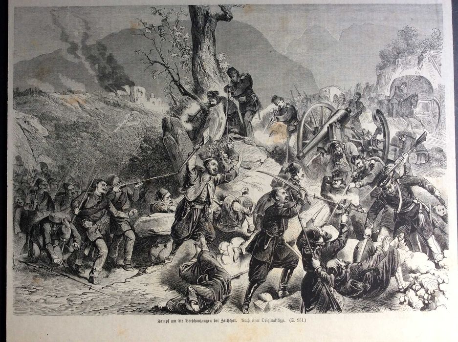 Batalha  pelas muralhas de Baitschar - Litogr. alemã do século XIX