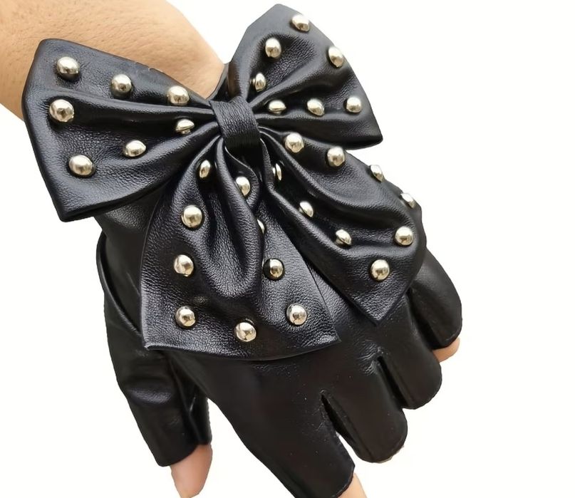 Nowe Rękawiczki Mitki w Stylu Rock/Goth z Kokardą i Ćwiekami – Nietrafiony Prezent