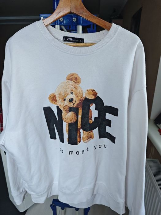 Світшот флісовий білий з принтом ведмедика NICE, розмір XL