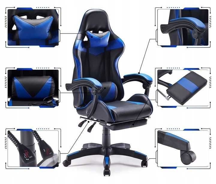 NOWY Fotel GAMINGOWY Biurowy Ekoskóra Obrotowy Niebieski z PODNÓŻKIEM