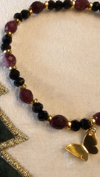 Bransoletka z naturalnych kamieni Granat, Kwarc czarny