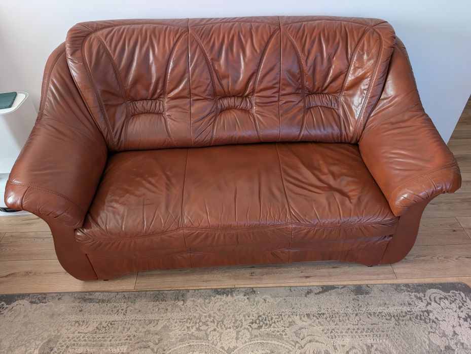 Meble skórzane komplet sofa rozkładana i fotele