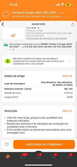 Kit de rolamento de roda Smart fortwo 451