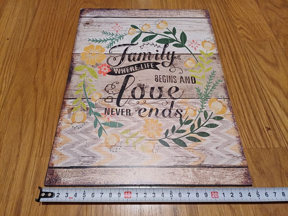 Quadro com a frase: Family, where life begins and love never ends