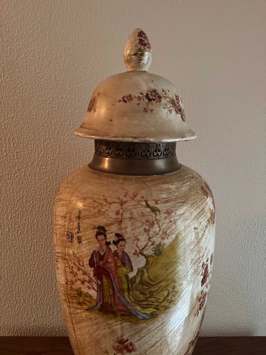 Jarrão / Potiche de Chão Oriental com Base em Metal - 75 cm