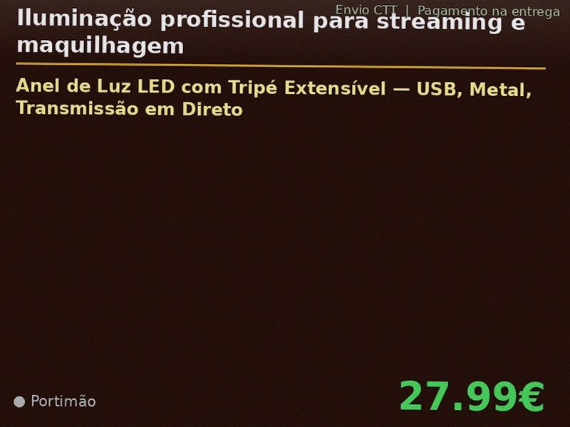 Anel de Luz LED com Tripé Extensível — USB, Metal, Transmissão em Direto