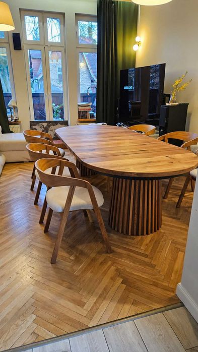 Stół dębowy okrągły podstawa lamele od stolarza możliwość blatu kamiennego masywne cięzkie meble na lata 120 cm 130 cm 140 cm dowolny wymiar