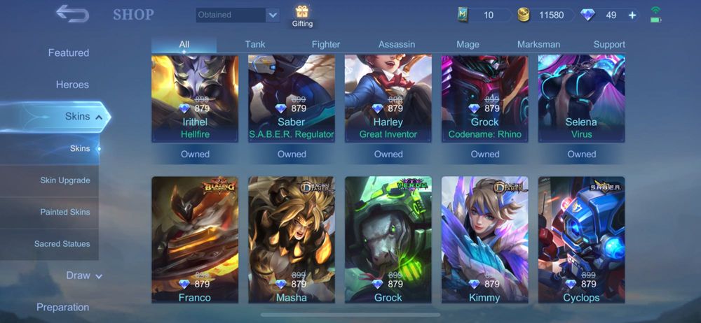 Аккаунт mlbb 144 скіни , всі скіни на селену окрім abyss , коф госен