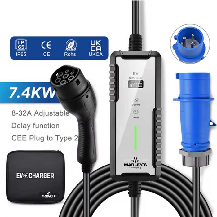 Carregador Portátil 7 kw - 32A - c/ 6 metros Cabo - Saco Transporte