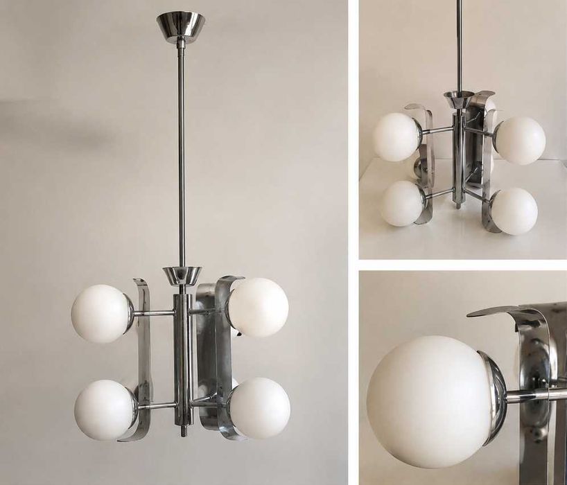 Candeeiro de Teto Vintage Cromado – Globos em Vidro Opalino